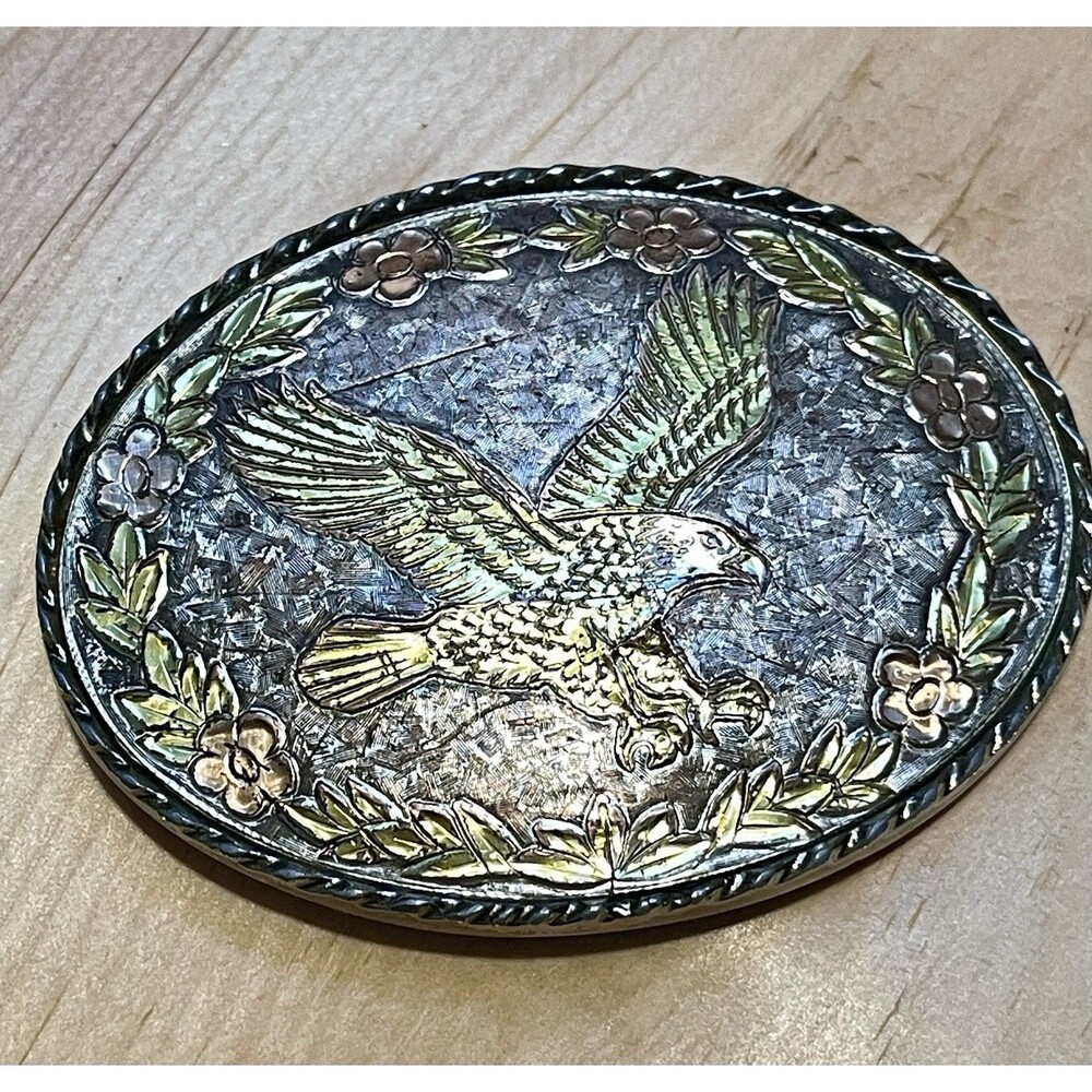 Vintage Eagle Belt Buckle Made In USA Mixed Metal Silver Gold Copper Oval